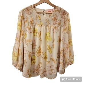 Evri Tan Yellow Floral Smocked 3/4 Sleeve Blouse 1X Flowy church work office